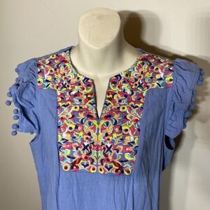 Peasant Boho Midi Dress Medium Blue Colorful Embroidered Ruffle Tasseled Sleeves